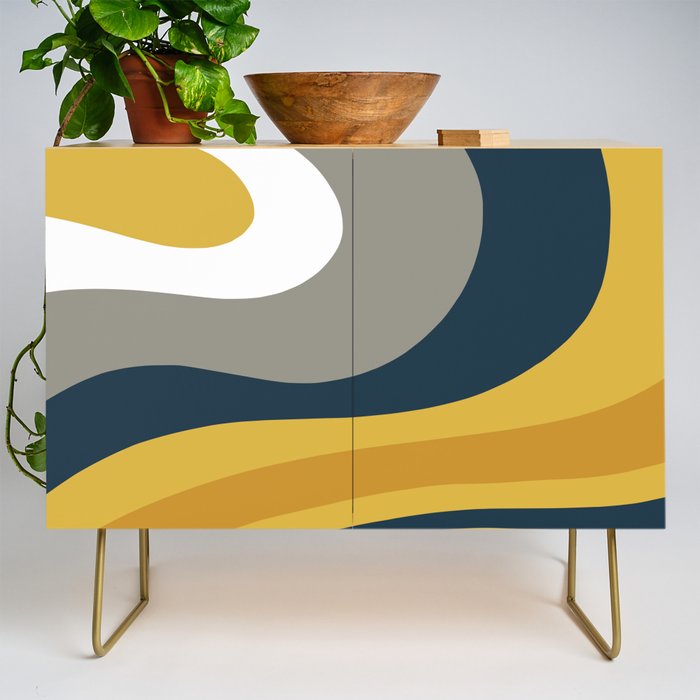 Organic Topography Abstract in Mustard, Navy Blue, Gray, and White  Credenza Gallery Image 1