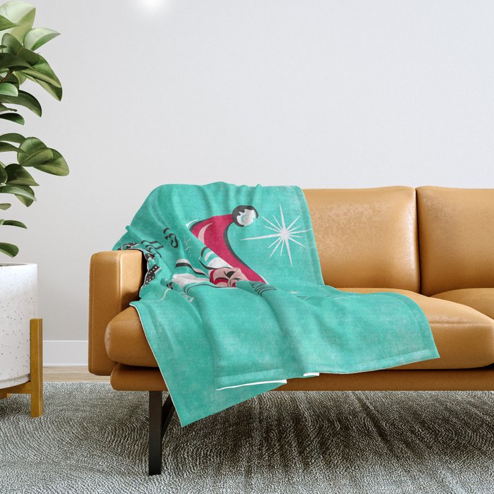 'Tis The Season - Retro Santa Aqua Colorful Throw Blanket Gallery Image 1