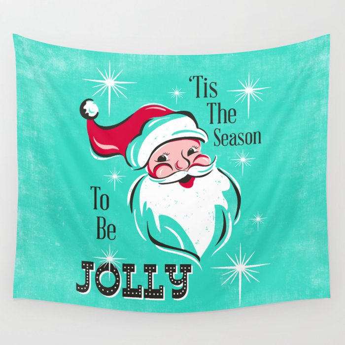 'Tis The Season - Retro Santa Aqua Colorful Wall Tapestry Gallery Image 1