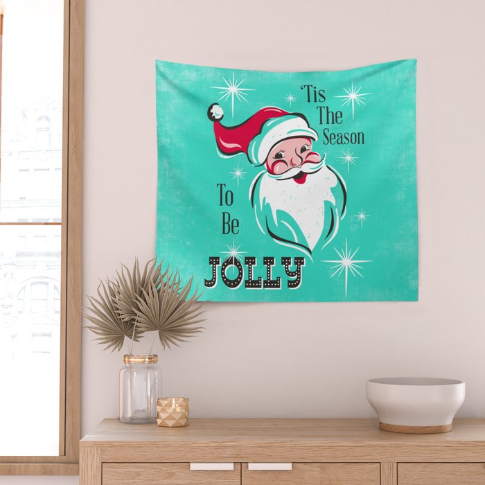 'Tis The Season - Retro Santa Aqua Colorful Wall Tapestry Gallery Image 2