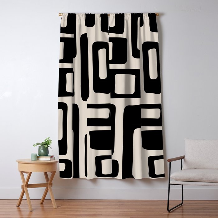 Retro Mid Century Modern Abstract Pattern 735 Black and Linen White Window Curtain Gallery Image 5