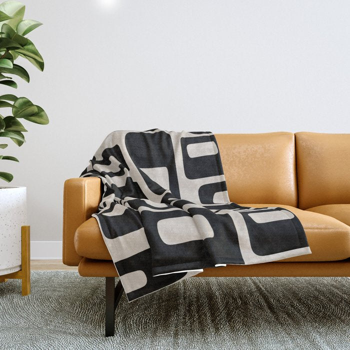 Retro Mid Century Modern Abstract Pattern 735 Black and Linen White Throw Blanket Gallery Image 1