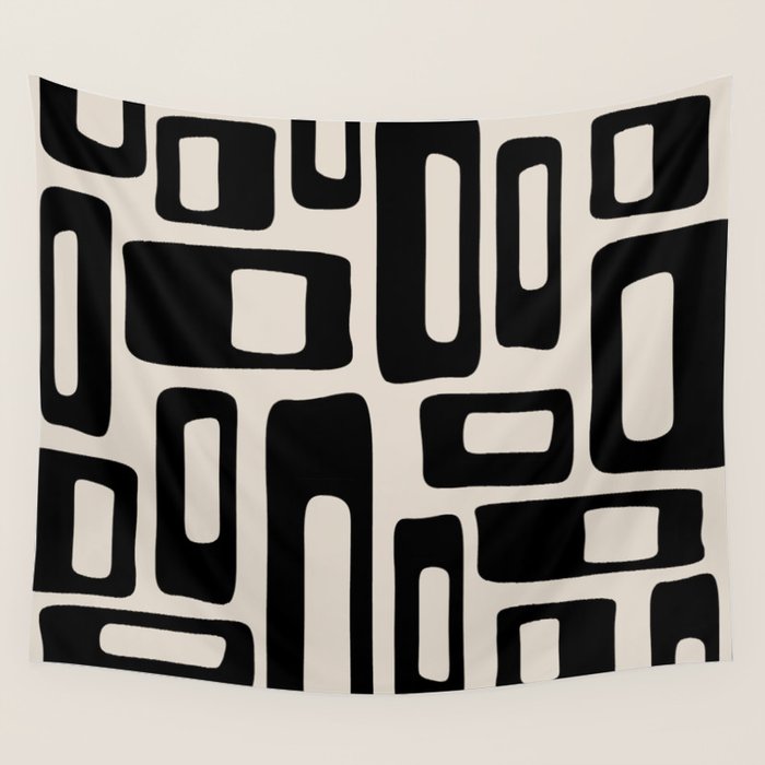 Retro Mid Century Modern Abstract Pattern 735 Black and Linen White Wall Tapestry Gallery Image 4