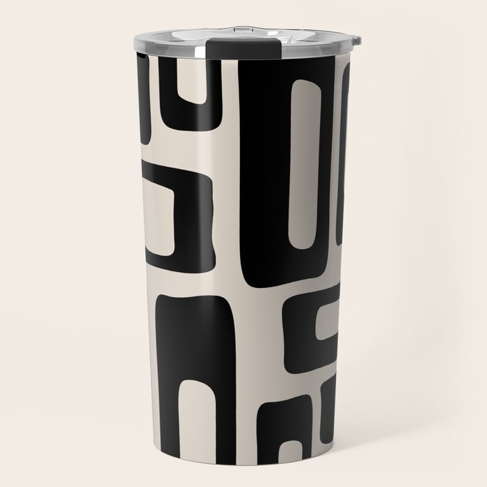Retro Mid Century Modern Abstract Pattern 735 Black and Linen White Travel Mug Gallery Image 1