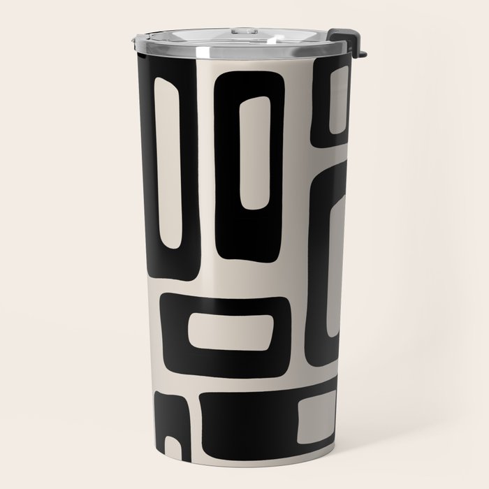 Retro Mid Century Modern Abstract Pattern 735 Black and Linen White Travel Mug Gallery Image 2
