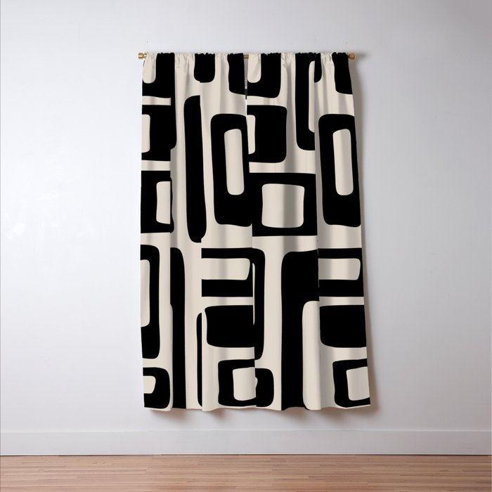 Retro Mid Century Modern Abstract Pattern 735 Black and Linen White Window Curtain Gallery Image 3