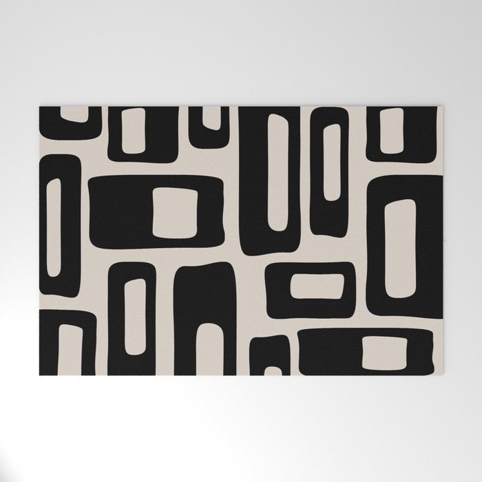 Retro Mid Century Modern Abstract Pattern 735 Black and Linen White Welcome Mat Gallery Image 1