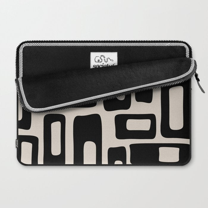 Retro Mid Century Modern Abstract Pattern 735 Black and Linen White Laptop Sleeve Gallery Image 2