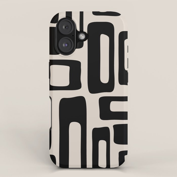 Retro Mid Century Modern Abstract Pattern 735 Black and Linen White iPhone Case Gallery Image 1