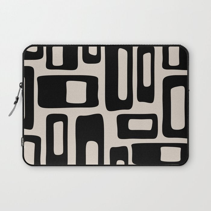 Retro Mid Century Modern Abstract Pattern 735 Black and Linen White Laptop Sleeve Gallery Image 1