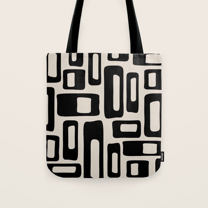 Retro Mid Century Modern Abstract Pattern 735 Black and Linen White Tote Bag Gallery Image 1