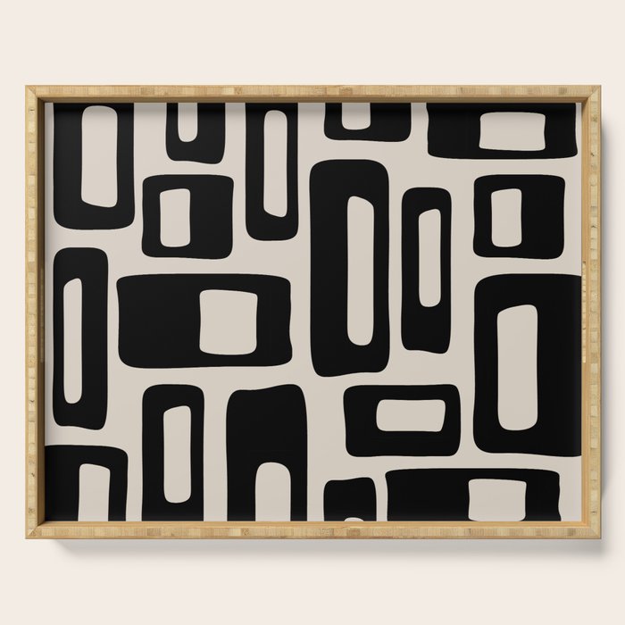 Retro Mid Century Modern Abstract Pattern 735 Black and Linen White Serving Tray Gallery Image 1