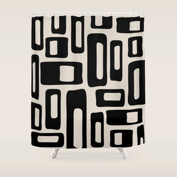 Retro Mid Century Modern Abstract Pattern 735 Black and Linen White Shower Curtain Gallery Image 1