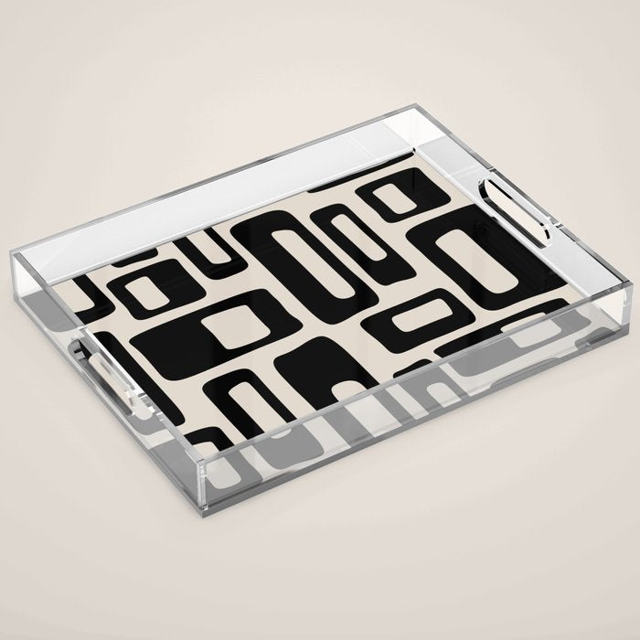 Retro Mid Century Modern Abstract Pattern 735 Black and Linen White Acrylic Tray Gallery Image 1