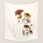 Colorful Thoughts Minimal Line Girl with Sunflowers Wall Tapestry Gallery Image 4