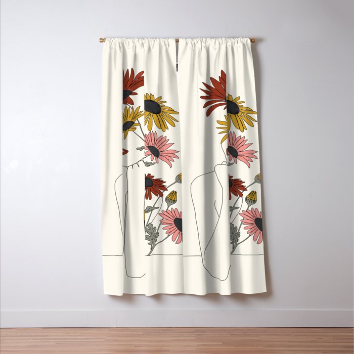 Colorful Thoughts Minimal Line Girl with Sunflowers Window Curtain Gallery Image 3