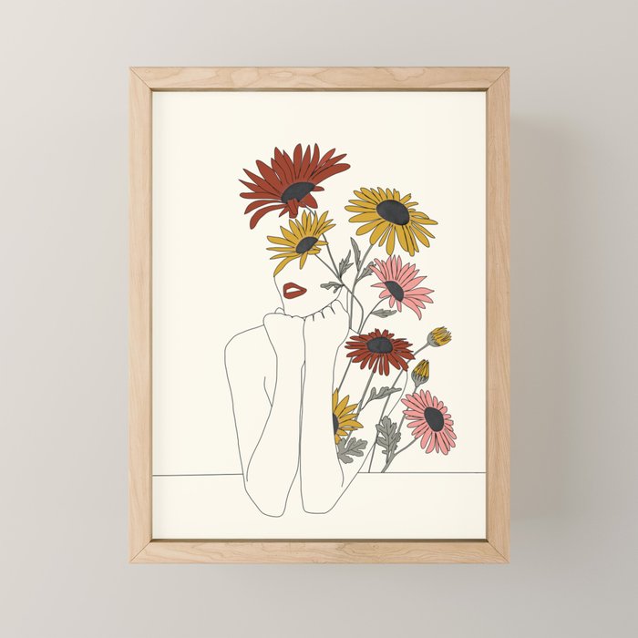 Colorful Thoughts Minimal Line Girl with Sunflowers Mini Art Print Gallery Image 1