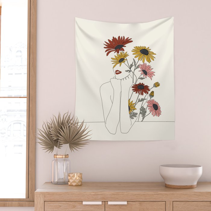 Colorful Thoughts Minimal Line Girl with Sunflowers Wall Tapestry Gallery Image 2