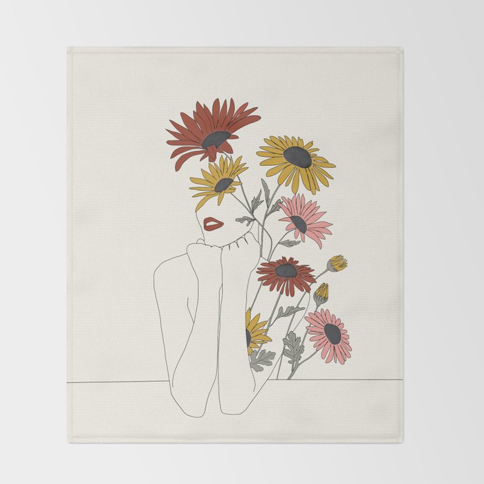 Colorful Thoughts Minimal Line Girl with Sunflowers Throw Blanket Gallery Image 2