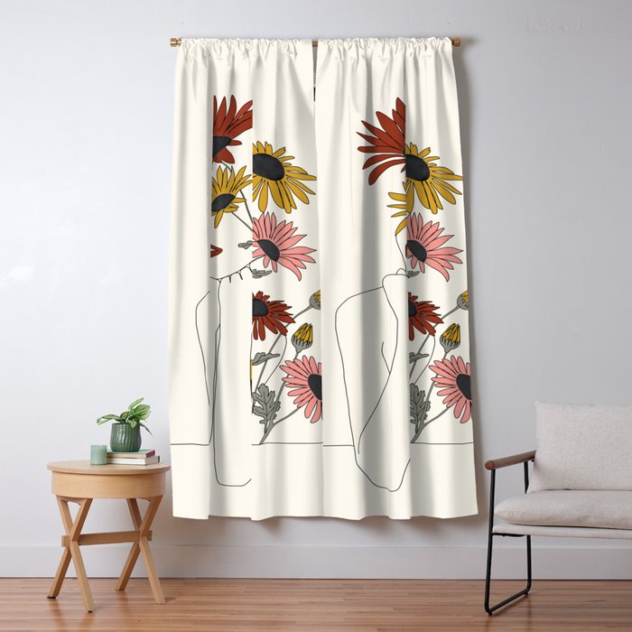 Colorful Thoughts Minimal Line Girl with Sunflowers Window Curtain Gallery Image 5