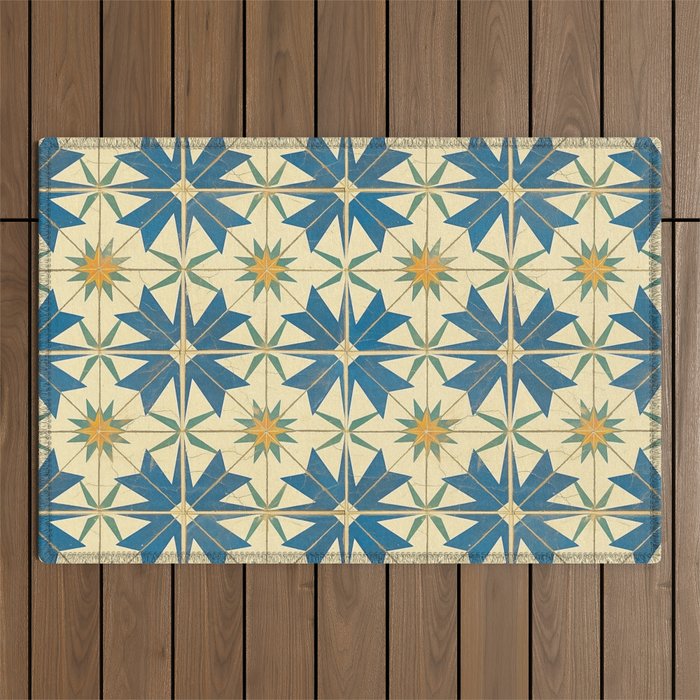 Mediterranean Blue Star Tile Pattern with Rustic Charm Outdoor Rug Gallery Image 1