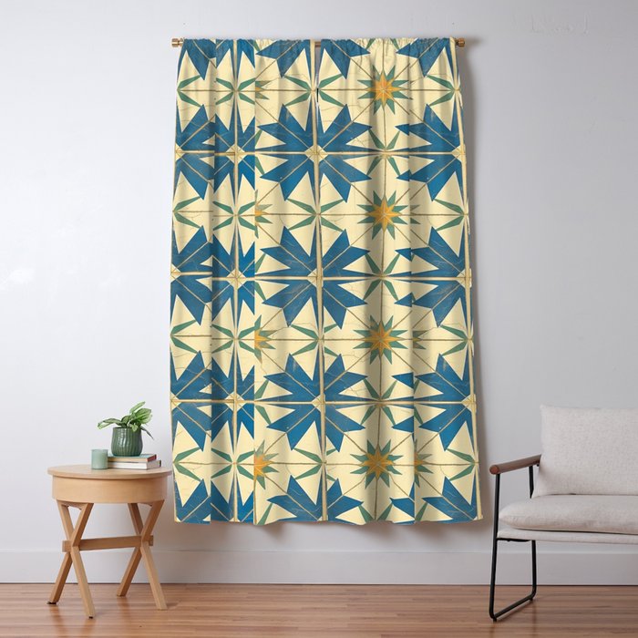 Mediterranean Blue Star Tile Pattern with Rustic Charm Window Curtain Gallery Image 5
