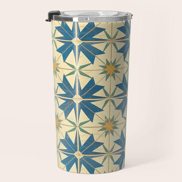 Mediterranean Blue Star Tile Pattern with Rustic Charm Travel Mug Gallery Image 3
