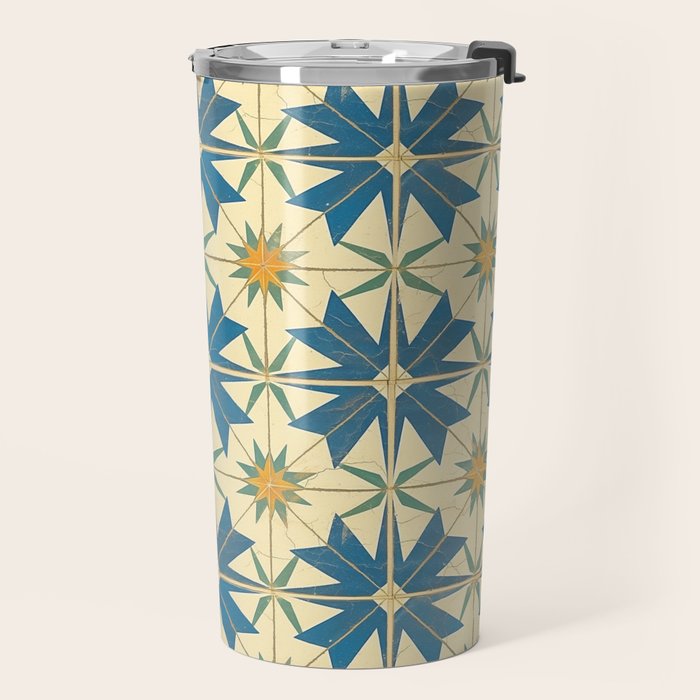 Mediterranean Blue Star Tile Pattern with Rustic Charm Travel Mug Gallery Image 2