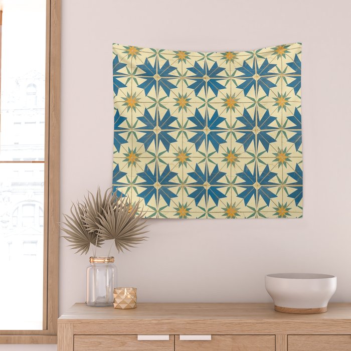 Mediterranean Blue Star Tile Pattern with Rustic Charm Wall Tapestry Gallery Image 2
