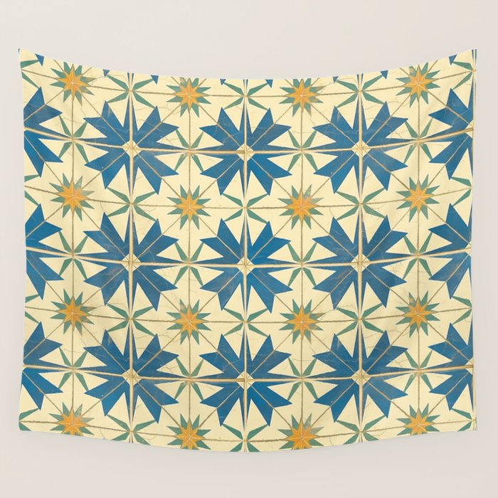 Mediterranean Blue Star Tile Pattern with Rustic Charm Wall Tapestry Gallery Image 4