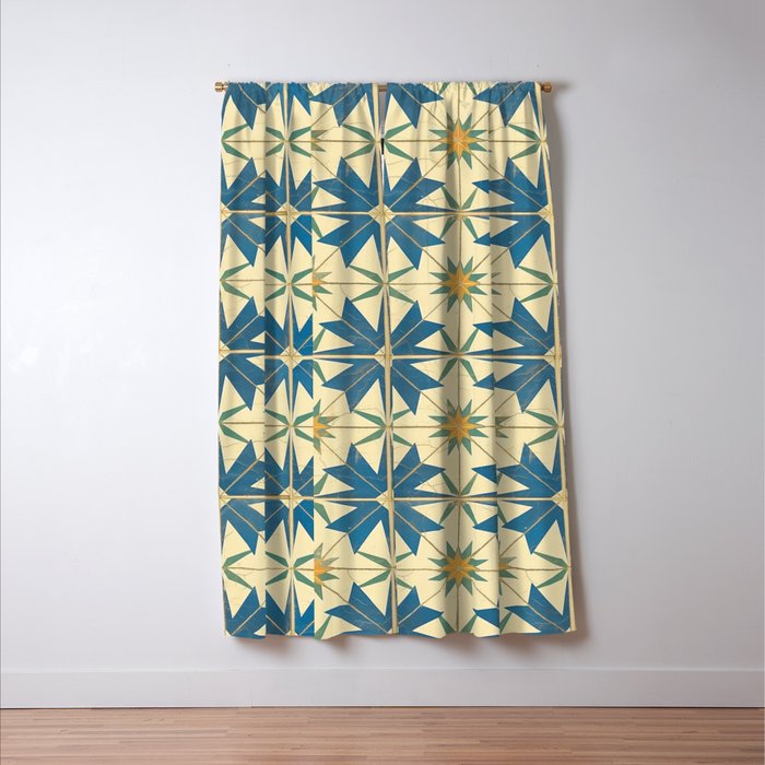 Mediterranean Blue Star Tile Pattern with Rustic Charm Window Curtain Gallery Image 3