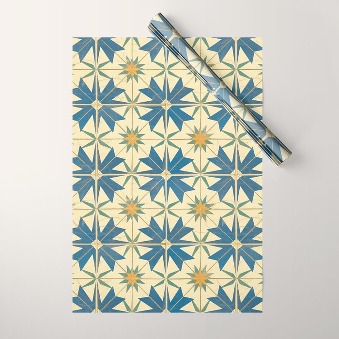 Mediterranean Blue Star Tile Pattern with Rustic Charm Wrapping Paper Gallery Image 1