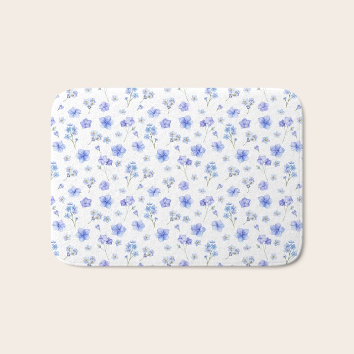 Elegant blush blue yellow watercolor floral pattern Bath Mat Gallery Image 1