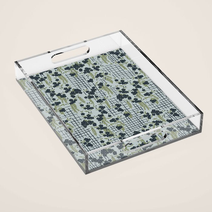 Blue floral with checks Acrylic Tray Gallery Image 1