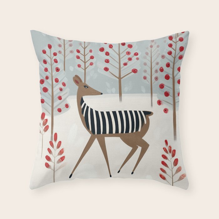 Deer In the Snowy Forest Throw Pillow Gallery Image 1