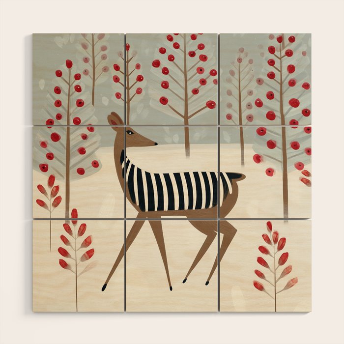 Deer In the Snowy Forest Wood Wall Art Gallery Image 1