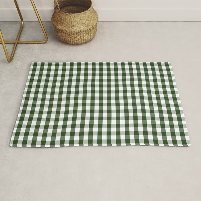 Dark Forest Green and White Gingham Check Rug Gallery Image 1