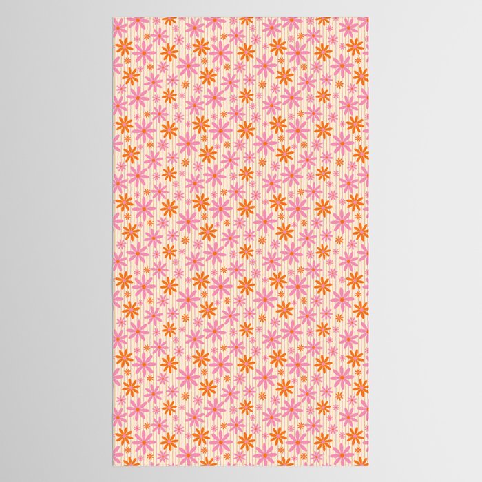  Retro 70s Groovy Daisy Pattern with Stripes, Hot Orange and Pink Tablecloth Gallery Image 2
