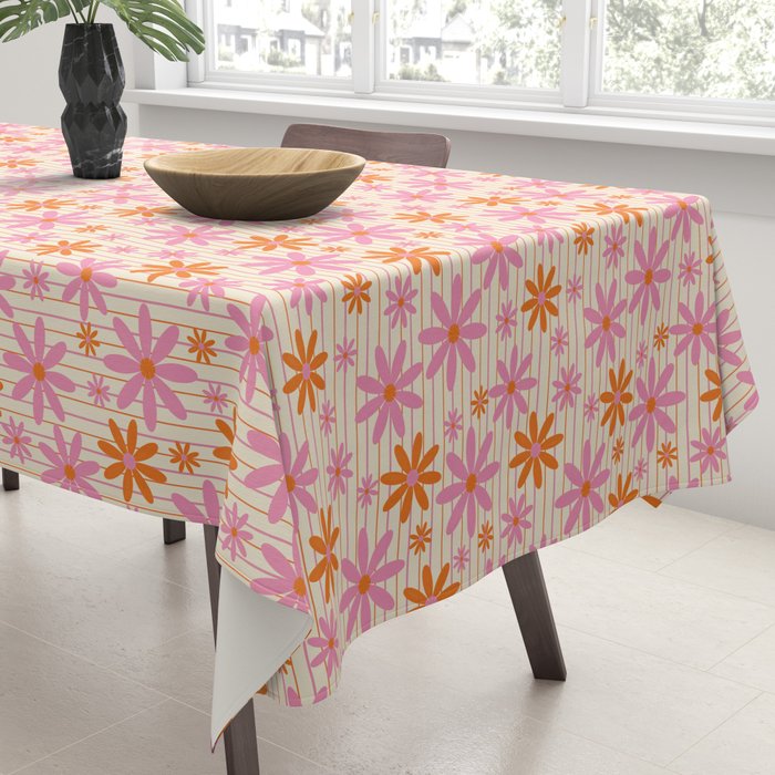  Retro 70s Groovy Daisy Pattern with Stripes, Hot Orange and Pink Tablecloth Gallery Image 3