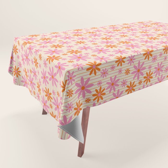  Retro 70s Groovy Daisy Pattern with Stripes, Hot Orange and Pink Tablecloth Gallery Image 1