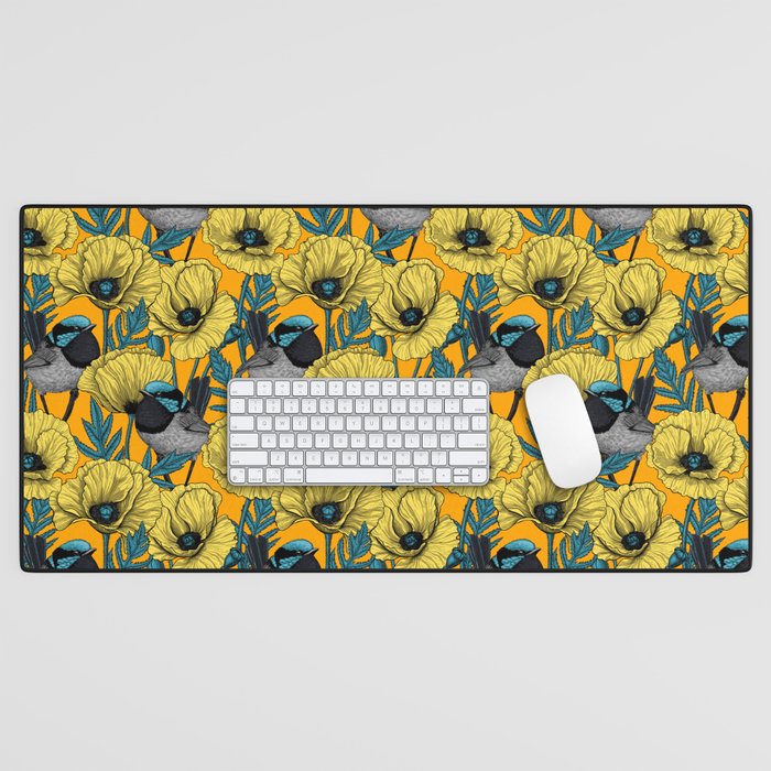 Fairy wren and poppies in yellow Desk Mat Gallery Image 1