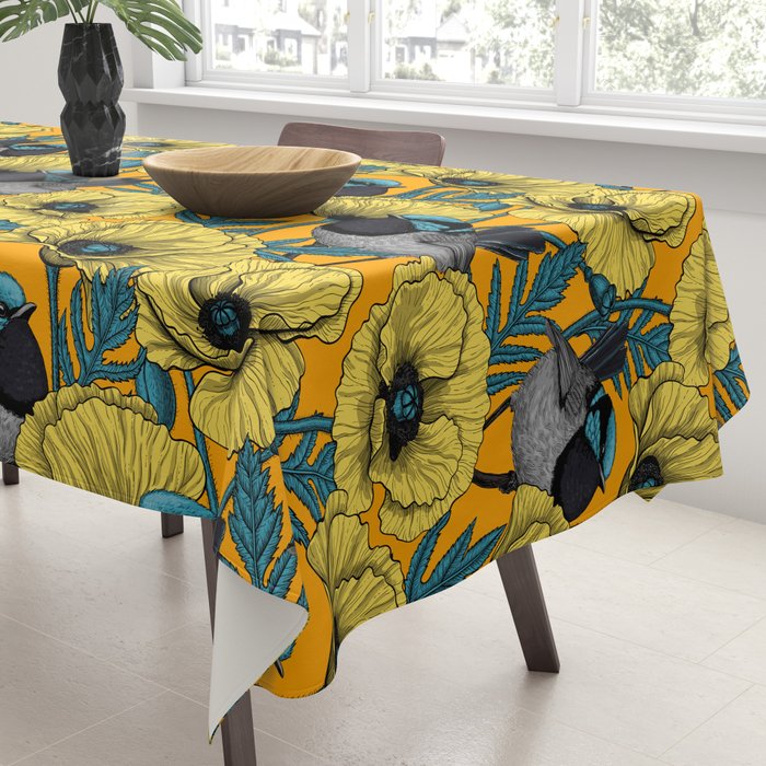Fairy wren and poppies in yellow Tablecloth Gallery Image 3