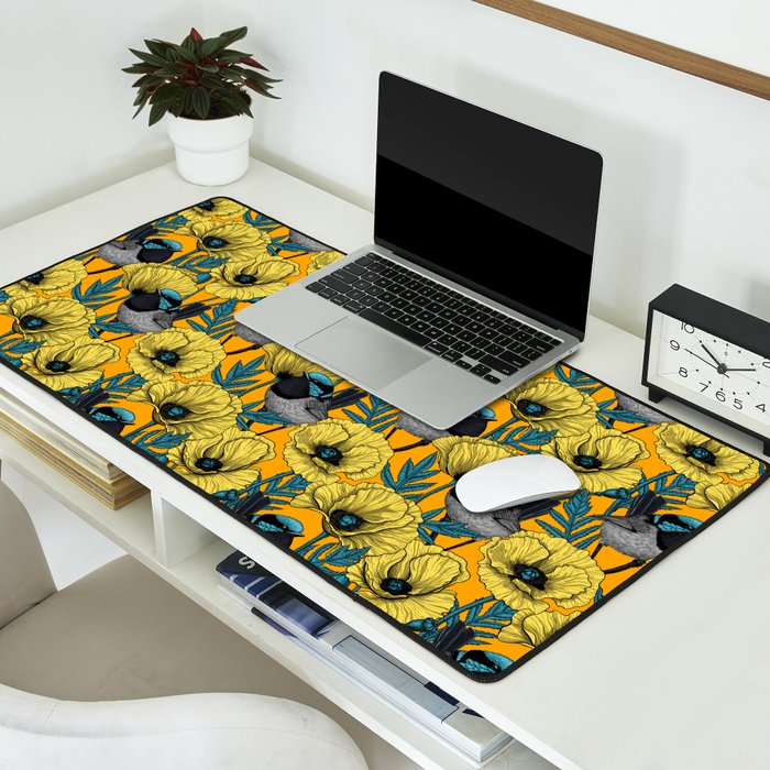 Fairy wren and poppies in yellow Desk Mat Gallery Image 2