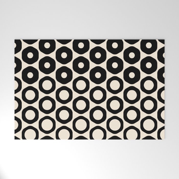 Vrittam Geometric Modern Minimalist Pattern in Black and Almond Cream Welcome Mat Gallery Image 1