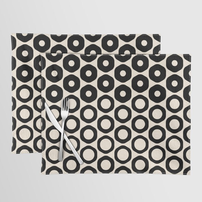 Vrittam Geometric Modern Minimalist Pattern in Black and Almond Cream Placemat Gallery Image 1