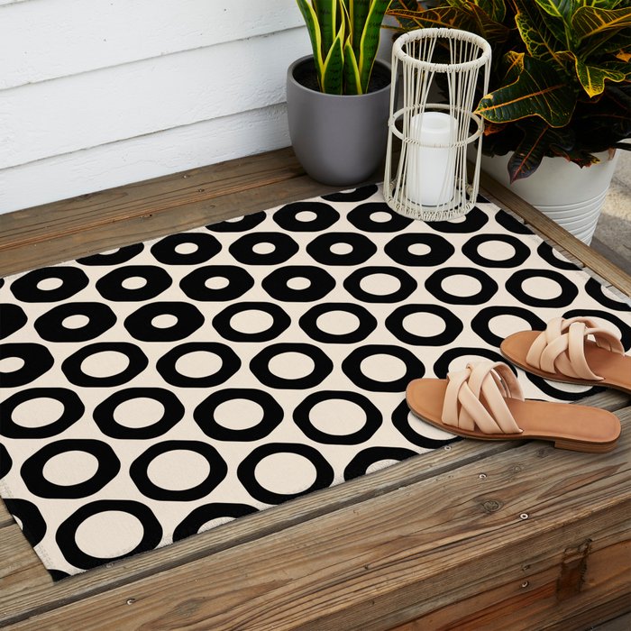 Vrittam Geometric Modern Minimalist Pattern in Black and Almond Cream Outdoor Rug Gallery Image 2
