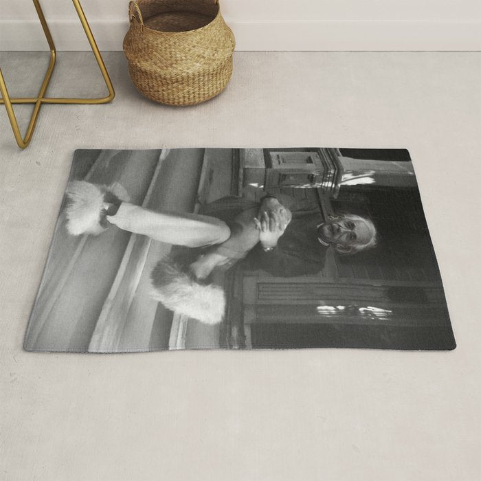 Funny Einstein in Fuzzy Slippers Classic Black and White Satirical Photography - Photographs Rug Gallery Image 1