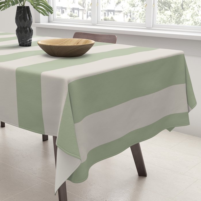 Vertical Stripes Narrow Pattern in Sage and Beige Tablecloth Gallery Image 3