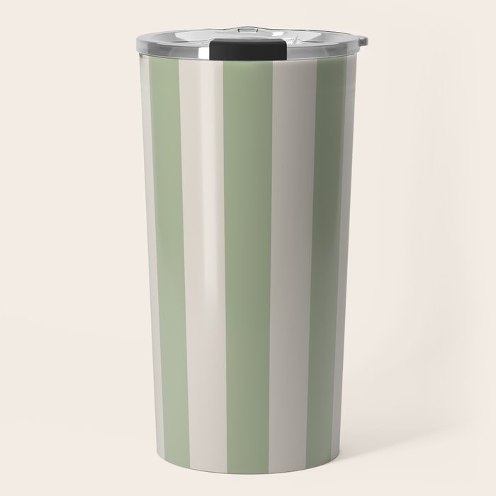Vertical Stripes Narrow Pattern in Sage and Beige Travel Mug Gallery Image 1