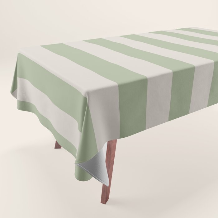 Vertical Stripes Narrow Pattern in Sage and Beige Tablecloth Gallery Image 1